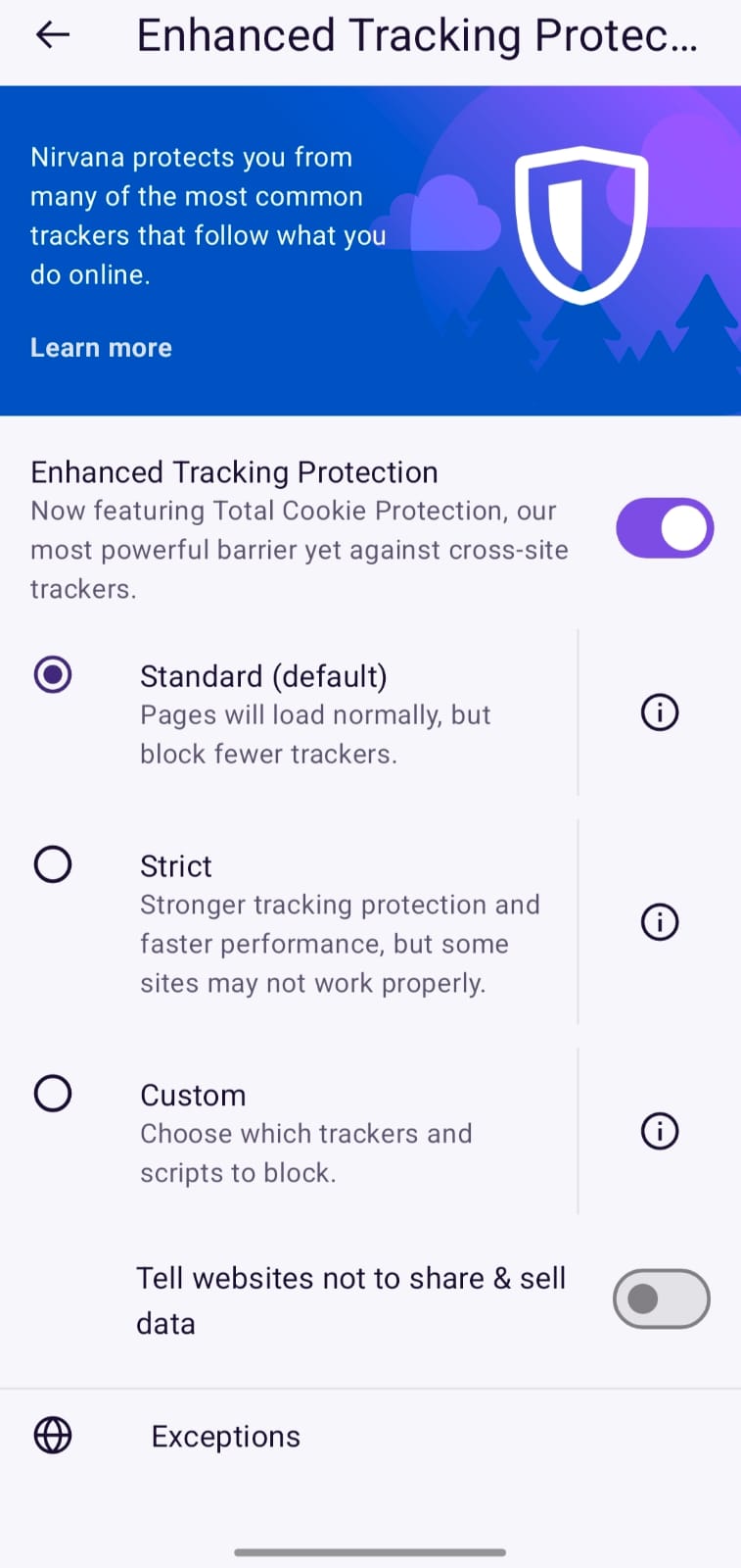 Enhanced Tracking Protection Screen